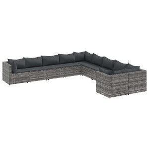vidaXL 10 Piece Patio Sofa Set - Gray Poly Rattan - Modular Garden Furniture with Cushions & Tempered Glass Top Table for Backyard/Patio/Lounge - 1 of 4