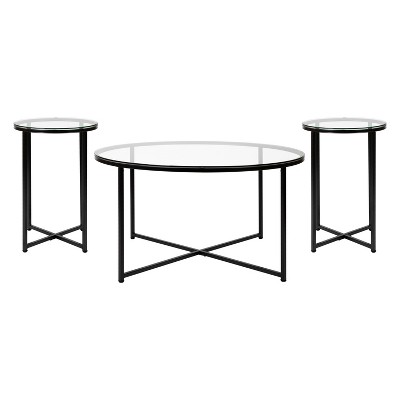 Flash Furniture Greenwich Collection Coffee and End Table Set - Clear Glass  Top with Matte Black Frame - 3 Piece Occasional Table Set