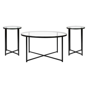 Flash Furniture Greenwich Collection Coffee and End Table Set - Clear Glass Top with Matte Black Frame - 3 Piece Occasional Table Set - 1 of 4