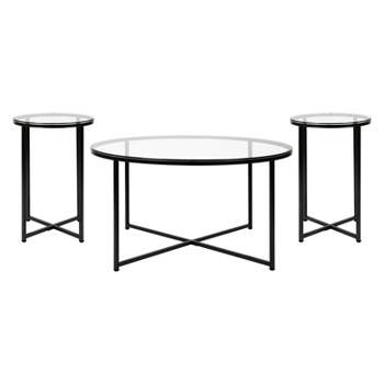 Flash Furniture Greenwich Collection Coffee and End Table Set - Clear Glass Top with Matte Black Frame - 3 Piece Occasional Table Set