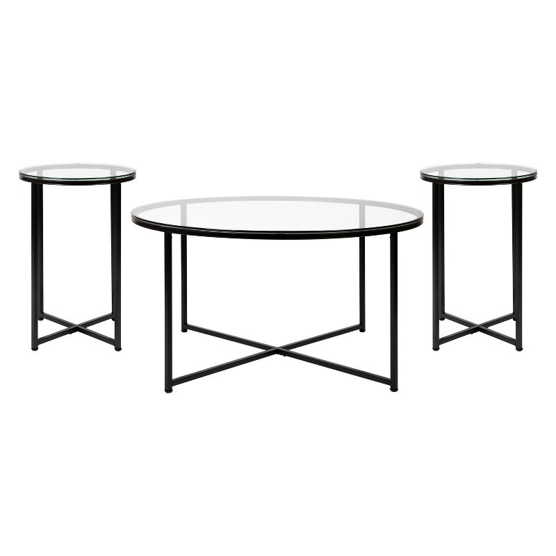 Emma and Oliver Clear Glass Table Set with Matte Black X Metal Frame-Coffee Table-2 End Tables, 1 of 12