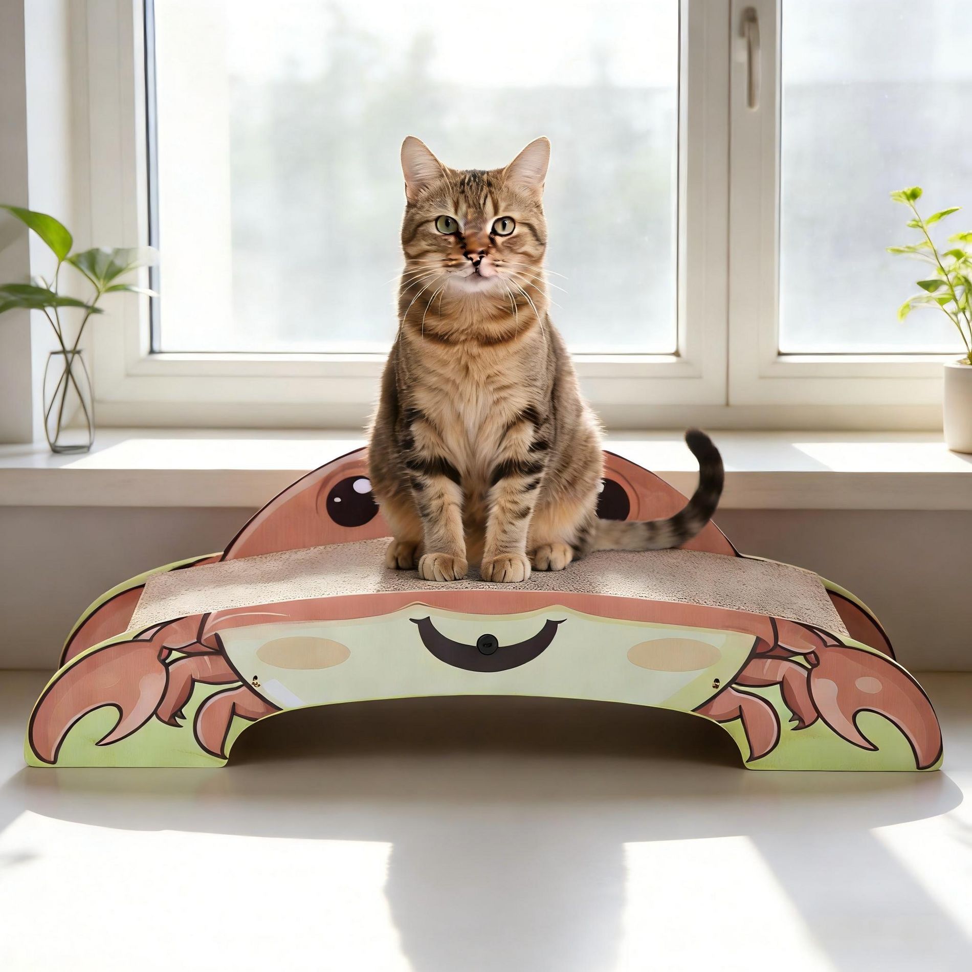 Sandinrayli Crab-Shape Corrugated Cardboard Cat Scratcher,Durable 2-Side Curved Cat Scratching Pad