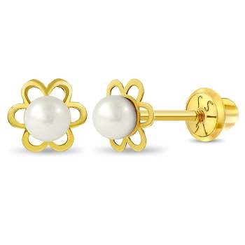 14K Gold Screw Back Pearl Stud Earrings for Women,Flat Back Pearl Cartilage  Earrings Pearl Helix Earrings Hypoallergenic 316L Surgical Steel Piercing