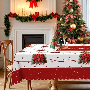 LOVEVOOK Christmas Tablecloth, Waterproof Table Cloth, Snowman Trees Red Washable Table Cover for Party Picnic Dinner Holiday Decor - 1 of 4