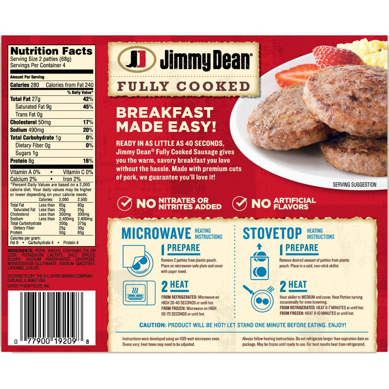 Jimmy Dean Original Fully Cooked Pork Sausage Patties - 9.6oz/8ct, 3 of 13