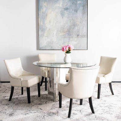Transitional Flat Cream Leather Upholstered Side Chair with Nailhead Trim