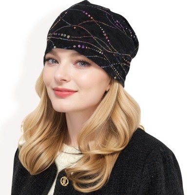 Anna-Kaci Women's Lace Slouchy Beanie with Floral Pattern and Sparkling Rhinestone Details