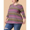 Agnes Orinda Women's Plus Size Comfy Knit 3/4 Sleeve V Neck Stripe Boho Casual Blouse - 2 of 4