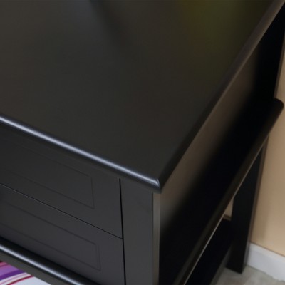 Modern Black Wood Side Table with Dual Storage Drawers and Shelf
