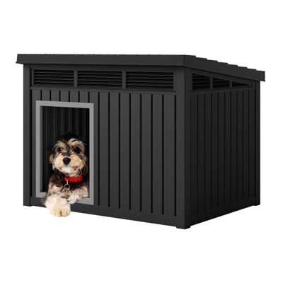 Plastic Modern Indoor/Outdoor Dog House with Lift-up Roof, Weatherproof Pet Shelter ¨C Black