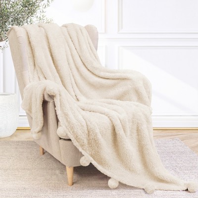 Ivory Cream Sherpa Fleece Throw Blanket with Pom Poms