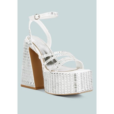 Mirror Embellished Flare Block Heel Sandals
