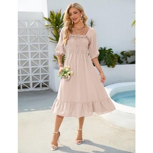 Women's Sundress Half Sleeve Elastic Square Neck Smocked Ruffle Hem Midi Beach Dress - 1 of 4