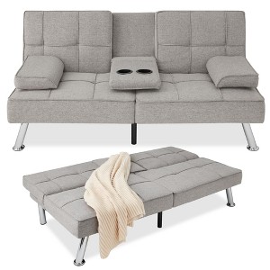 Best Choice Products Modern Linen Convertible Futon Sofa Bed w/ Removable Armrests, Metal Legs, Cupholders - 1 of 4