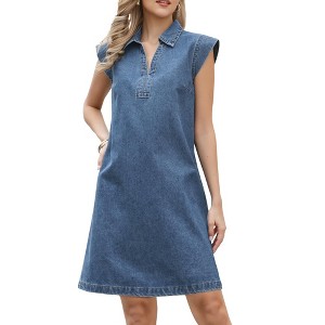 INSPIRE CHIC Women's Denim V Neck Cap Sleeve Loose Casual Tunic Jean Mini Dresses - 1 of 4