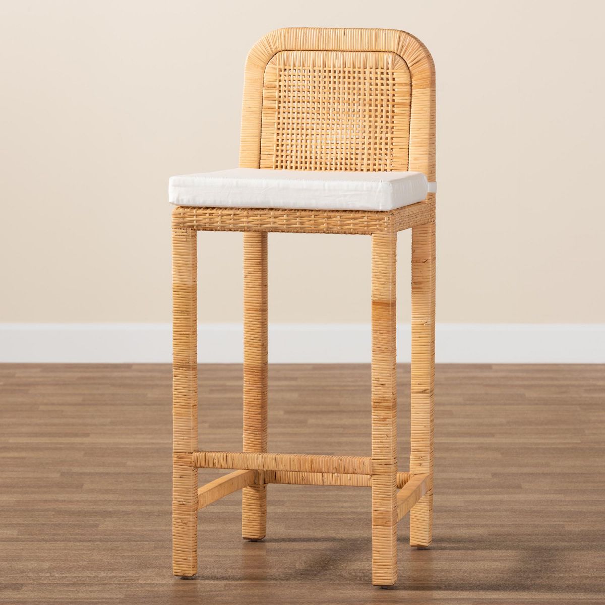 bali & pari Zariah Modern Bohemian Natural Brown Rattan and Mahogany Wood Bar Stool - thumbnail 9