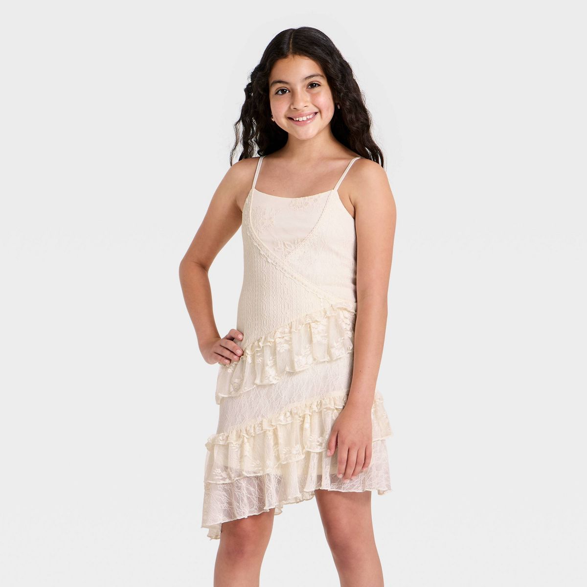 Zenzi Girls' Lace Asymmetrical Ruffle Dress - Ivory