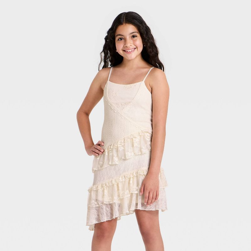 Zenzi Girls' Lace Asymmetrical Ruffle Dress - Ivory XS: Cottagecore