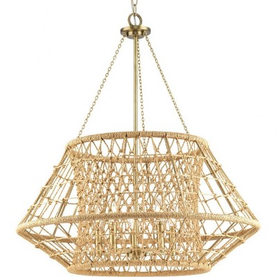 Progress Lighting Laila 5-Light Chandelier, Vintage Brass, Hand-Knotted Jute, Double-Cage Design