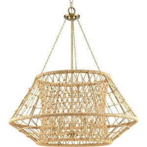 Progress Lighting Laila 5-Light Chandelier, Vintage Brass, Hand-Knotted Jute, Double-Cage Design - 1 of 1