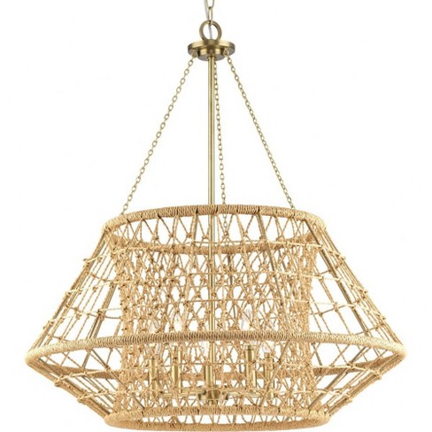 Progress Lighting Laila 5-Light Chandelier, Vintage Brass, Hand-Knotted Jute, Double-Cage Design - image 1 of 1