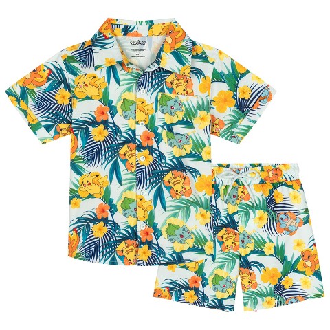 Pokemon Big Boys' Hawaiian Allover Print Button Front Shirt and Shorts Swim Outfit Pikachu Squirtle Green 8