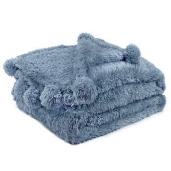 PAVILIA Fluffy Throw Blanket with Pompom, Lightweight Soft Plush Cozy Warm Pom Pom Fringe for Couch Sofa Bed