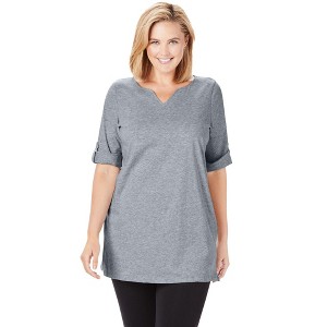 Woman Within Plus Size Perfect Roll-Tab-Sleeve Notch-Neck Tunic - 1 of 4