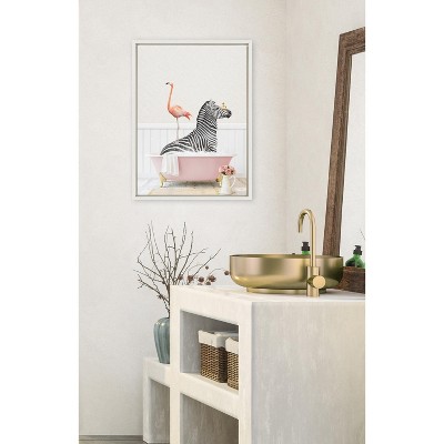 Whimsical Zebra and Flamingo in Pink Bathtub Canvas Art, 18x24