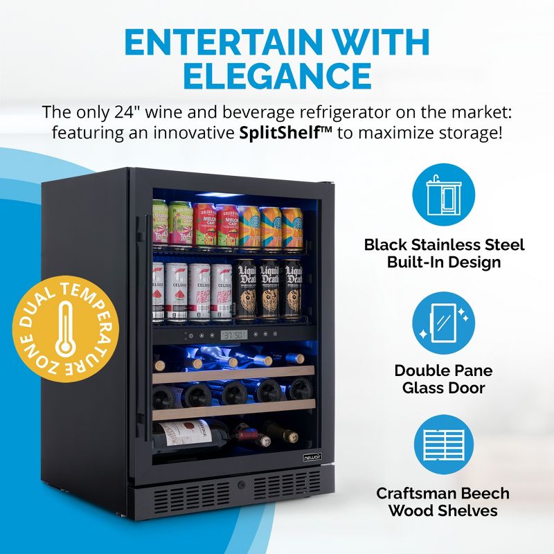 Newair 24" Built-in Dual Zone Wine and Beverage Refrigerator 24 Bottles & 100 Cans, Black Stainless Steel, Drinks and Wine Combination Fridge, 2 of 16
