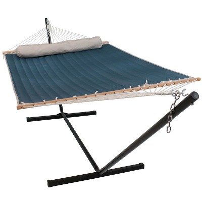 Sunnydaze 2-Person Outdoor Quilted Fabric Hammock with Spreader Bars with Freestanding Stand and Detachable Pillow - 350 lb Capacity - Tidal Wave