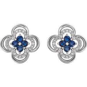 Pompeii3 .70CT Diamond & Blue Sapphire Clover Studs Earrings 14K White Gold - 1 of 4