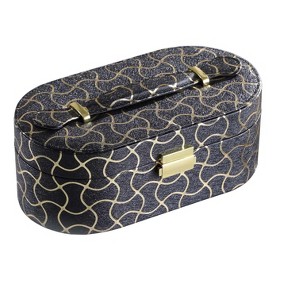 HomeRoots 10" Black And Gold Faux Leather Abstract Scroll Jewelry Box Travel Case With Mirror - 1 of 4