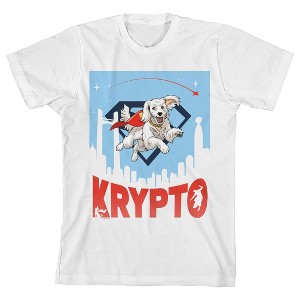 Superman Movie 2025 Krypto Text, White Dog Flying, City Scape Silhouette, Red Star on White Kids T-Shirt - 1 of 4