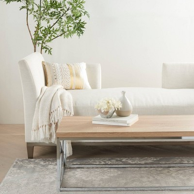 Gold and White Embroidered Lumbar Pillow with Metallic Stripes