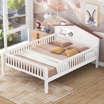 CAVINAS Twin Size Bed Frame, Wood Platform Bed with House-shaped Headboard,  Wooden House Bed with LED and Built-in Storage