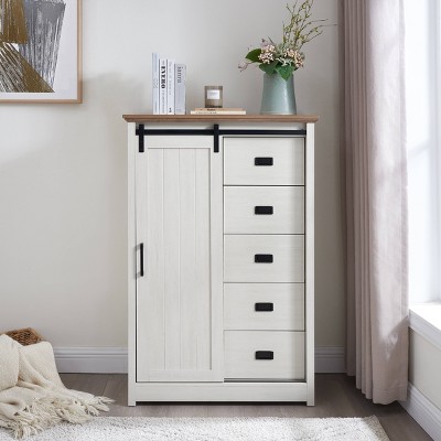 5 Drawers Dresser w/Sliding Barn Door, Farmhouse Modern Tall Dresser 5 Chest of Drawers