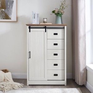 5 Drawers Dresser w/Sliding Barn Door, Farmhouse Modern Tall Dresser 5 Chest of Drawers - 1 of 4