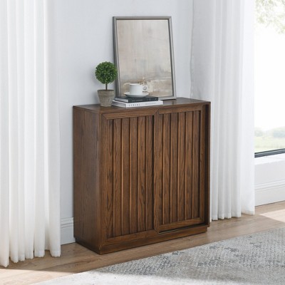 HDZNVF Mid Century Storage Cabinet with 2 Sliding Door and Solid Wood Decorative Strips, Walnut