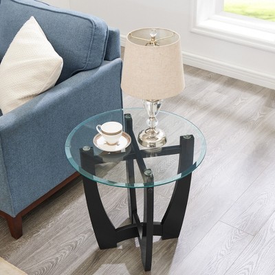 VYNXARIA 23.5-Inch Round Black Glass Coffee Table with Solid Wood Frame - Stylish Centerpiece