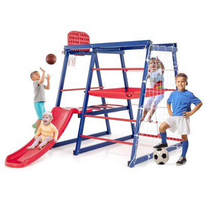 Costzon Indoor/Outdoor Jungle Gym, 7-in-1 Steel Climbing Set for Toddlers with Crawl Space, Rope Ladder, Basketball Hoop, Rust-Resistant Playground