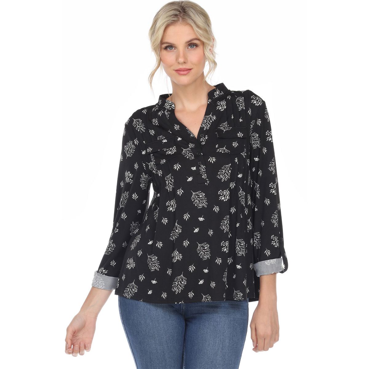 Women's Pleated Long Sleeve Leaf Print Blouse - White Mark