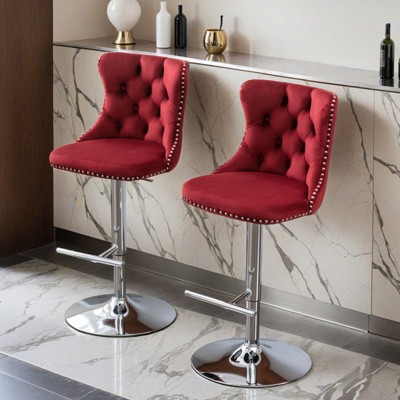 Modern Velvet Counter Height Swivel Bar Stools Chairs, Height-Adjustable Upholstered Barstools with Silver Legs, Set of 2