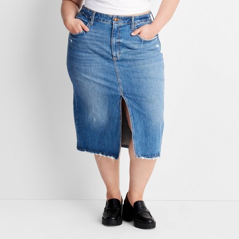 Women Ladies Side Slit Denim Midi Denim Skirt High Waist A-line