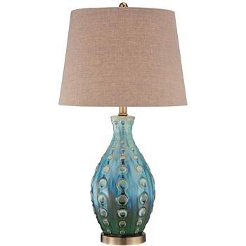 360 Lighting Mid Century Modern Table Lamp Vase 26.5" High Teal Handmade Tan Linen Tapered Drum Shade for Living Room Family Bedroom (Color May Vary)