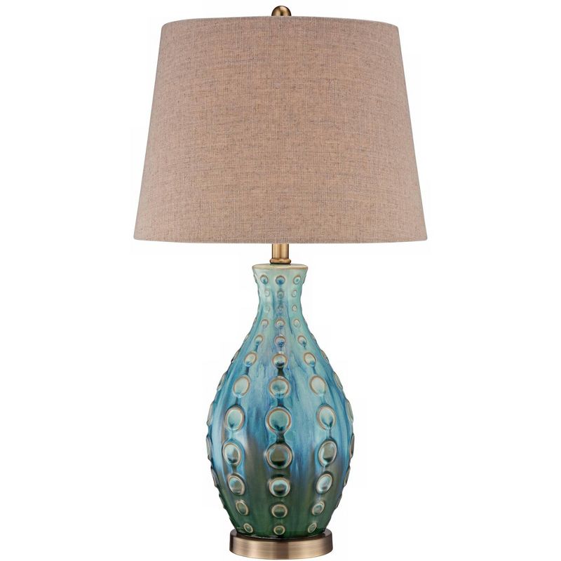 360 Lighting Mid Century Modern Table Lamp Vase 26.5" High Teal Handmade Tan Linen Tapered Drum Shade for Living Room Family Bedroom (Color May Vary), 1 of 10