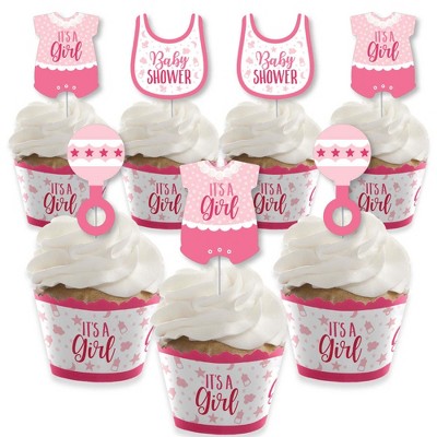 Big Dot of Happiness It's a Girl - Cupcake Decoration - Pink Baby Shower Cupcake Wrappers and Treat Picks Kit - Set of 24