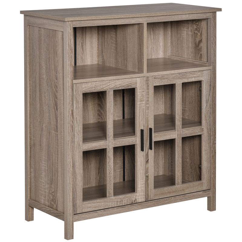 HOMCOM Accent Sideboard, Serving Storage Buffet Cabinet with 2 Open Components, Glass Door Cabinet and Adjustable Shelf, Oak, 4 of 7