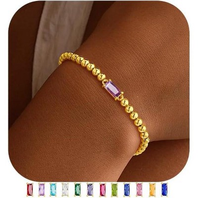 Dainty Birthstone Bracelet for Women - Elastic 14K Gold Plated Bead Bracelets Trendy Friendship Birthday Jewelry Gifts for Women