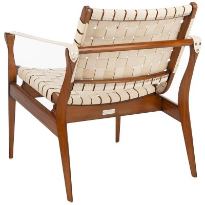 Cream and Mahogany Woven Leather Safari Accent Chair